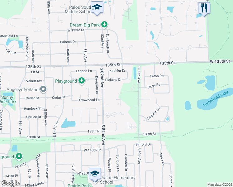 map of restaurants, bars, coffee shops, grocery stores, and more near 13640 Trafalgar Court in Orland Park