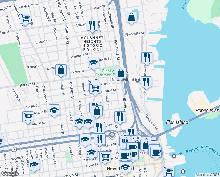 map of restaurants, bars, coffee shops, grocery stores, and more near 34 Willis Street in New Bedford