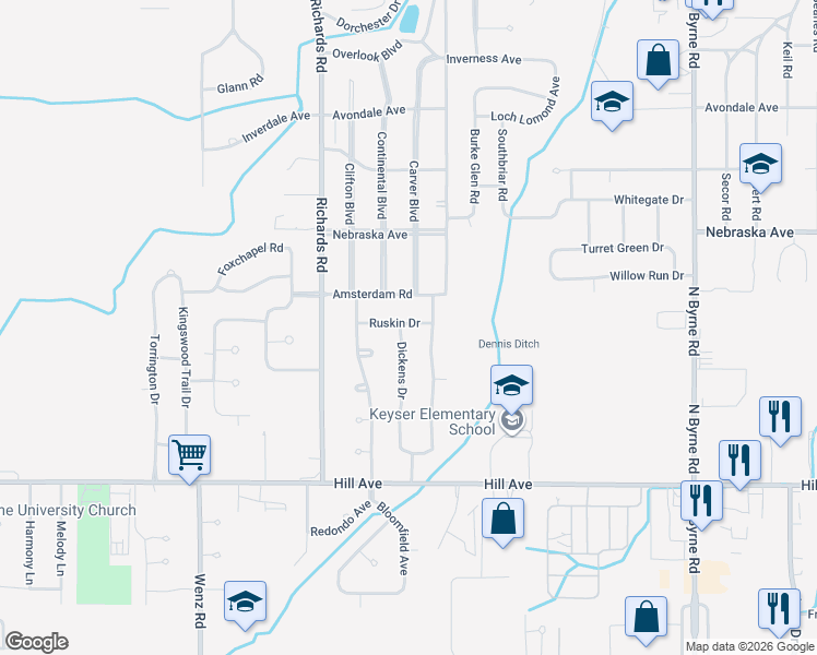 map of restaurants, bars, coffee shops, grocery stores, and more near 4034 Ruskin Drive in Toledo