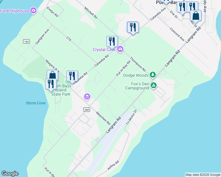 map of restaurants, bars, coffee shops, grocery stores, and more near 1190-1216 Township Highway 260 in Put-in-Bay