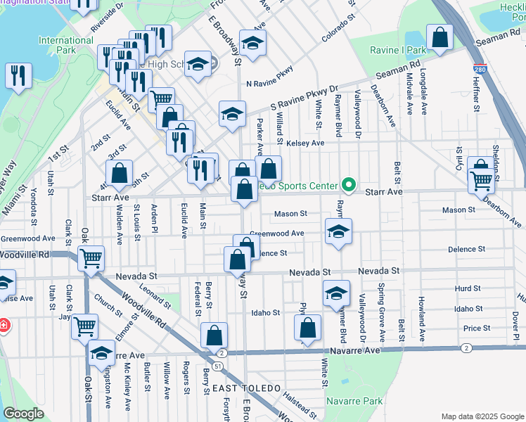 map of restaurants, bars, coffee shops, grocery stores, and more near 425 Parker Avenue in Toledo