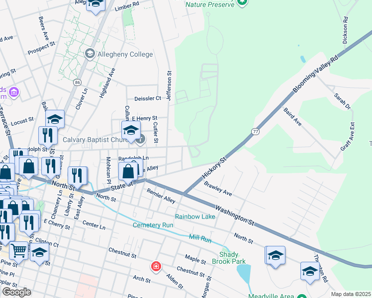 map of restaurants, bars, coffee shops, grocery stores, and more near 39896 Randolph Street in Meadville