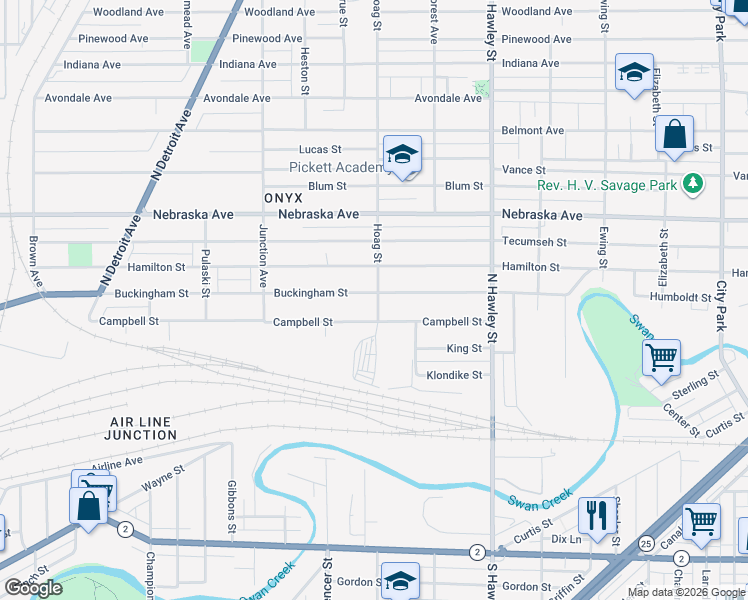 map of restaurants, bars, coffee shops, grocery stores, and more near 1201 Buckingham Street in Toledo