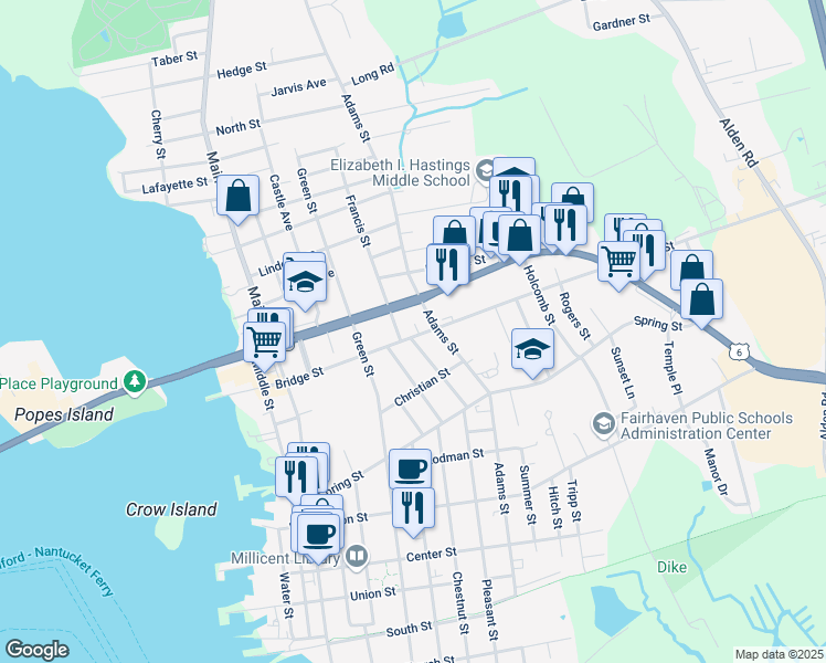 map of restaurants, bars, coffee shops, grocery stores, and more near 74 Bridge Street in Fairhaven