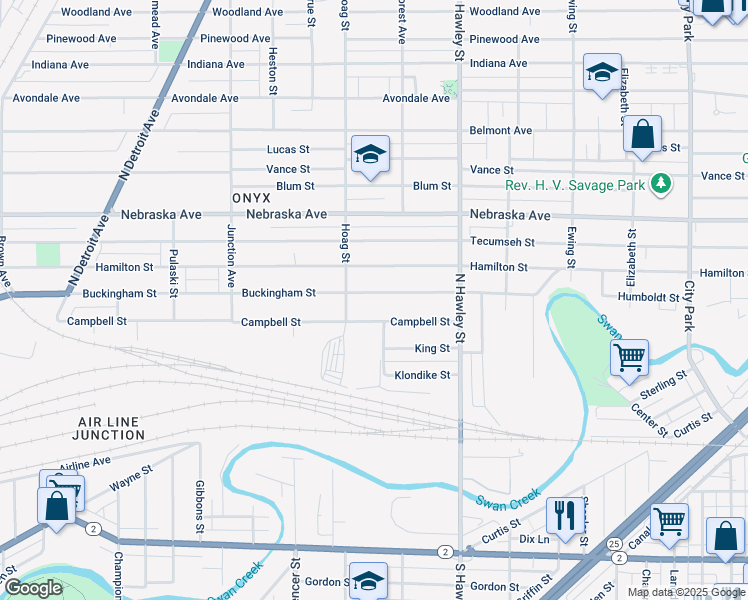 map of restaurants, bars, coffee shops, grocery stores, and more near 1129 Buckingham Street in Toledo