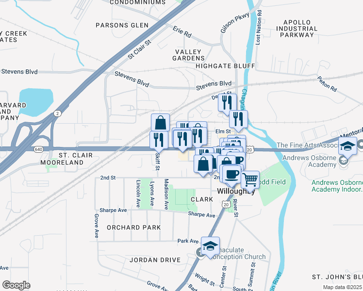 map of restaurants, bars, coffee shops, grocery stores, and more near 37805 Vine Street in Kirtland