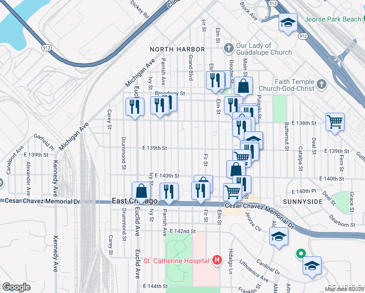 map of restaurants, bars, coffee shops, grocery stores, and more near in East Chicago