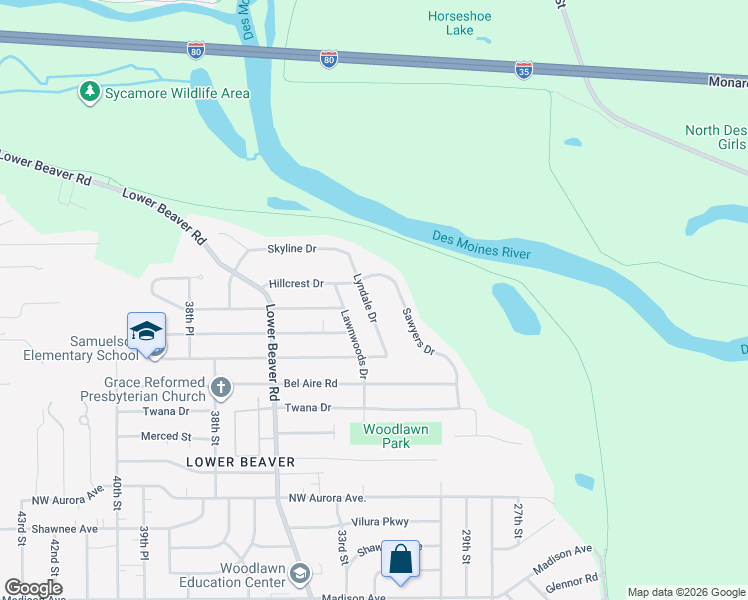 map of restaurants, bars, coffee shops, grocery stores, and more near 5001 Lyndale Drive in Des Moines