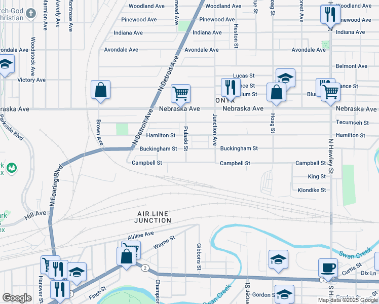 map of restaurants, bars, coffee shops, grocery stores, and more near 303 Pulaski Street in Toledo