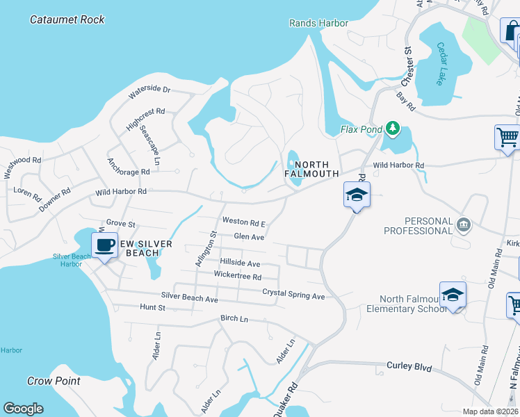 map of restaurants, bars, coffee shops, grocery stores, and more near 222 Wild Harbor Rd in Falmouth