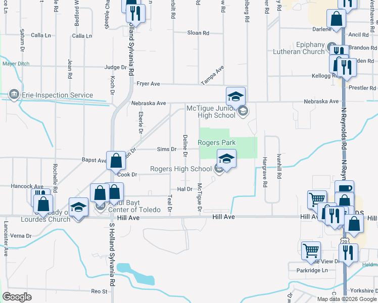 map of restaurants, bars, coffee shops, grocery stores, and more near 5708 Sims Drive in Toledo