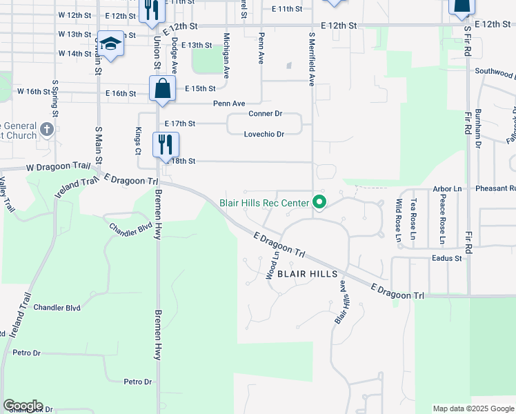 map of restaurants, bars, coffee shops, grocery stores, and more near 731 Edgefield Court in Mishawaka