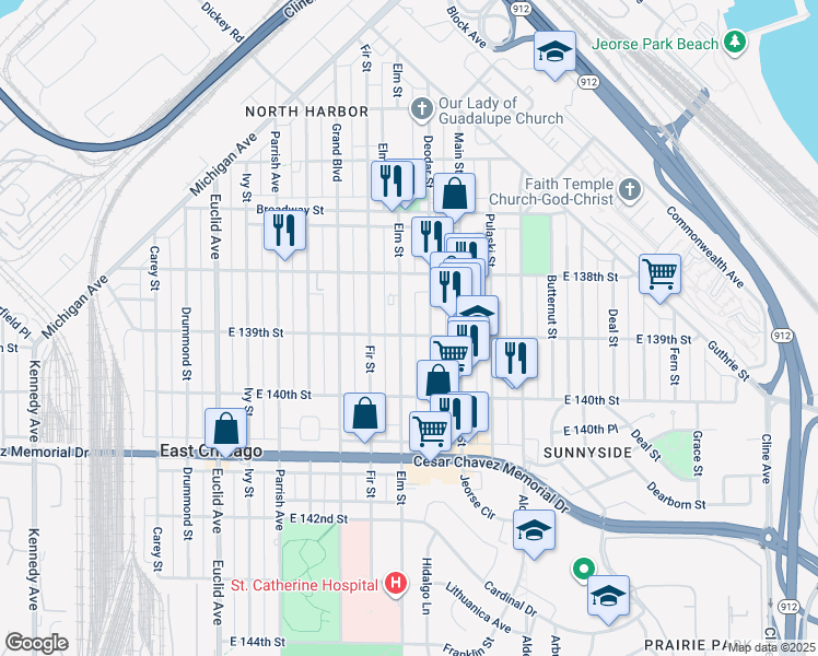 map of restaurants, bars, coffee shops, grocery stores, and more near 3825 Elm Street in East Chicago