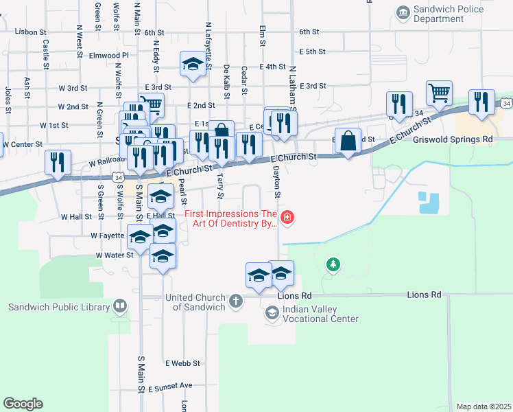 map of restaurants, bars, coffee shops, grocery stores, and more near 24 Dayton Street in Sandwich