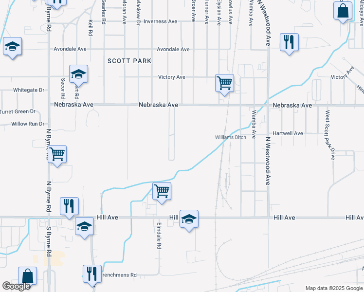 map of restaurants, bars, coffee shops, grocery stores, and more near 3005 Nebraska Avenue in Toledo