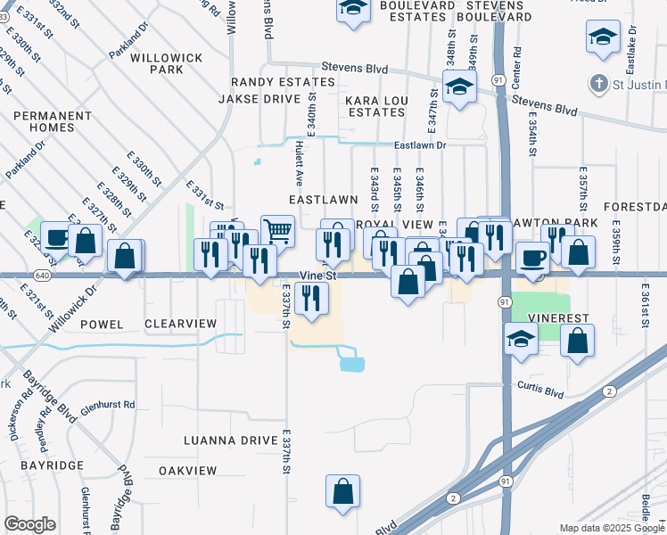 map of restaurants, bars, coffee shops, grocery stores, and more near 34011 Vine Street in Eastlake
