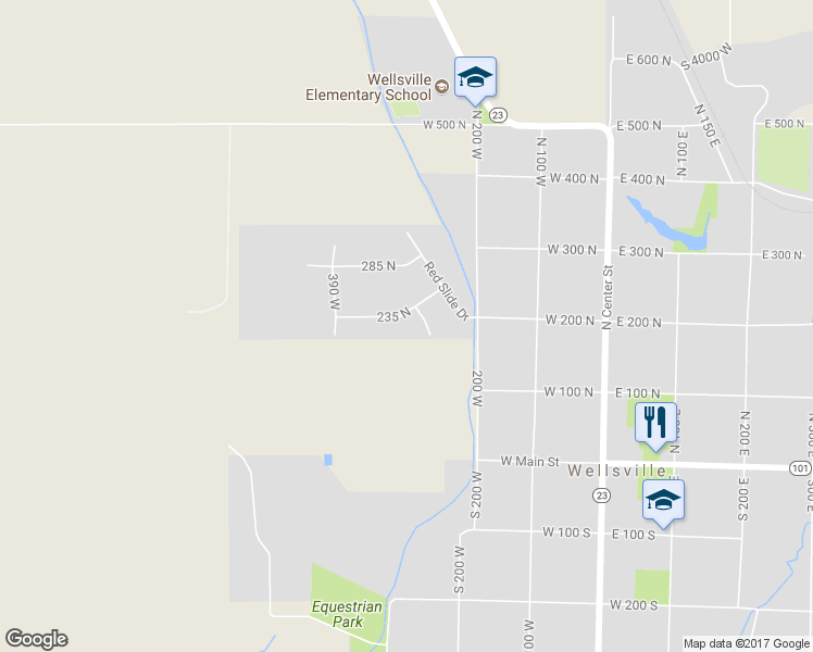 map of restaurants, bars, coffee shops, grocery stores, and more near 308 235 North in Wellsville