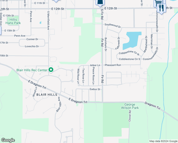 map of restaurants, bars, coffee shops, grocery stores, and more near 1832 Rambling Rose Lane in Mishawaka