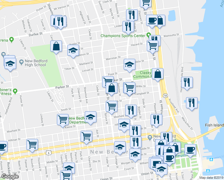 map of restaurants, bars, coffee shops, grocery stores, and more near 137 Chestnut Street in New Bedford