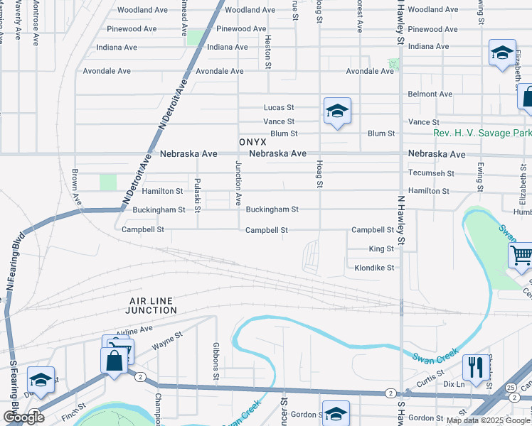map of restaurants, bars, coffee shops, grocery stores, and more near 1301 Buckingham Street in Toledo