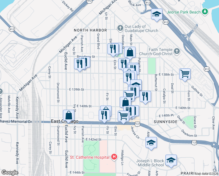 map of restaurants, bars, coffee shops, grocery stores, and more near 3827 Fir Street in East Chicago