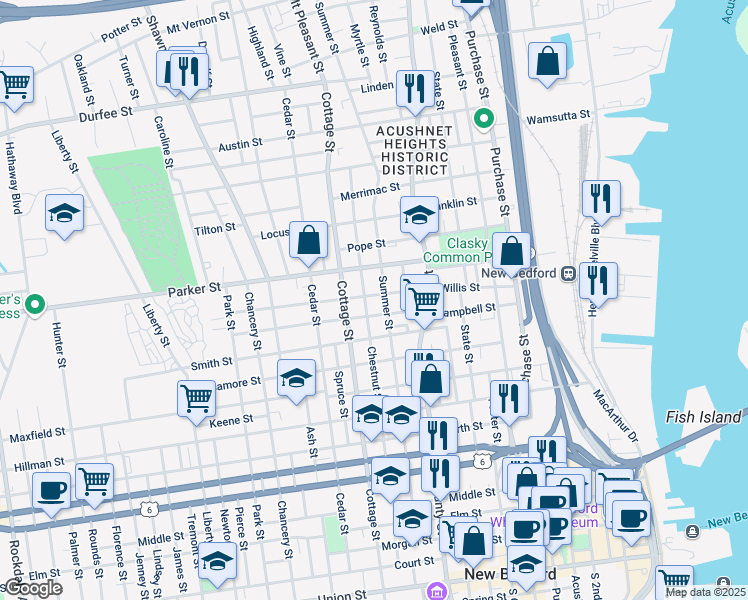 map of restaurants, bars, coffee shops, grocery stores, and more near 84 Willis Street in New Bedford