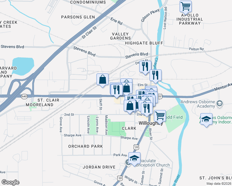 map of restaurants, bars, coffee shops, grocery stores, and more near 3966 Church Street in Kirtland