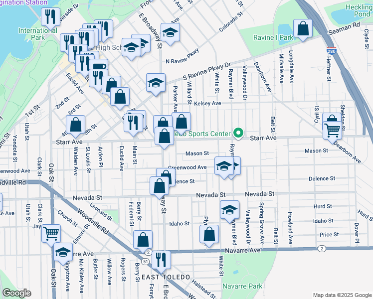 map of restaurants, bars, coffee shops, grocery stores, and more near 1121 Mason Street in Toledo