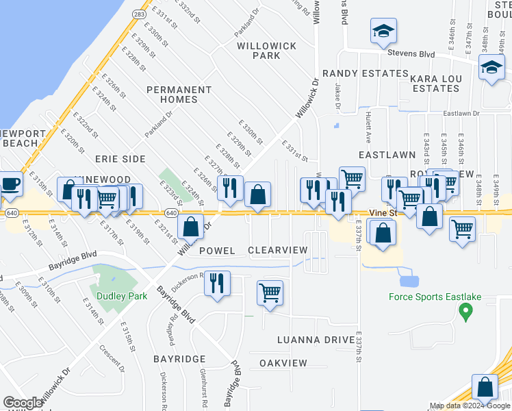 map of restaurants, bars, coffee shops, grocery stores, and more near 32801 Vine Street in Willowick
