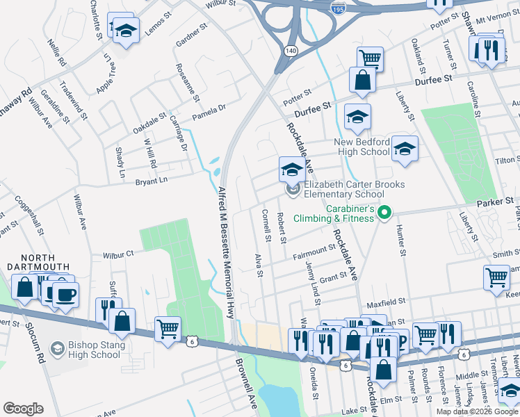 map of restaurants, bars, coffee shops, grocery stores, and more near 261 Cornell Street in New Bedford