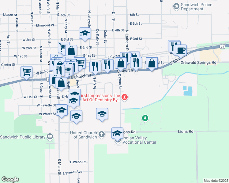 map of restaurants, bars, coffee shops, grocery stores, and more near 24 Dayton Street in Sandwich