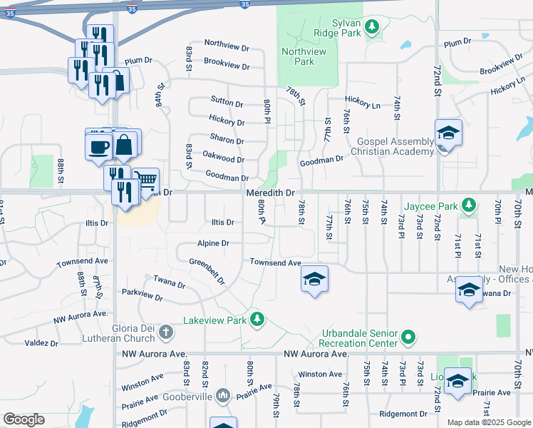map of restaurants, bars, coffee shops, grocery stores, and more near 4511 80th Place in Urbandale