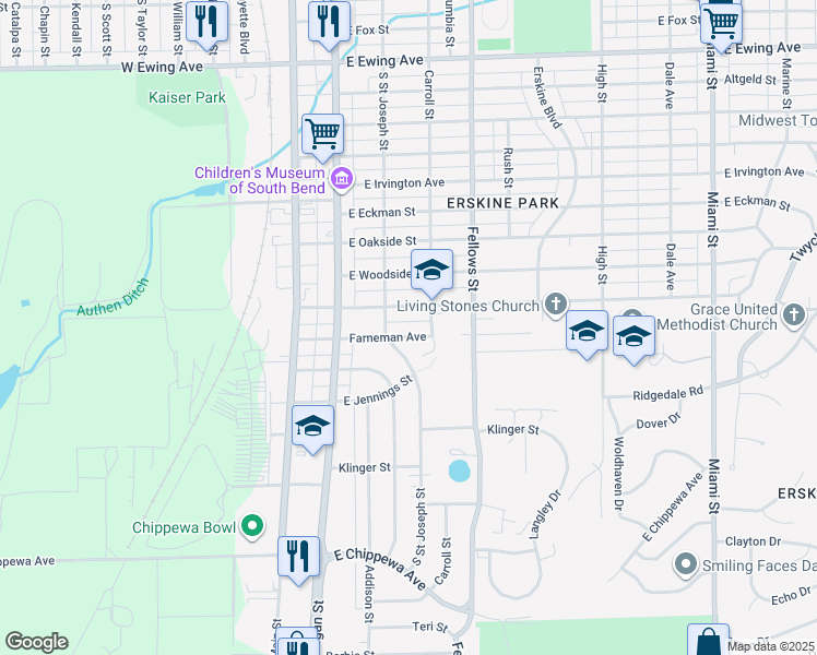 map of restaurants, bars, coffee shops, grocery stores, and more near 217 East Farneman Street in South Bend