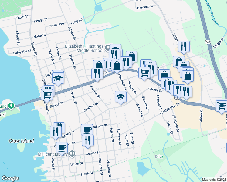 map of restaurants, bars, coffee shops, grocery stores, and more near 7 Almy Street in Fairhaven