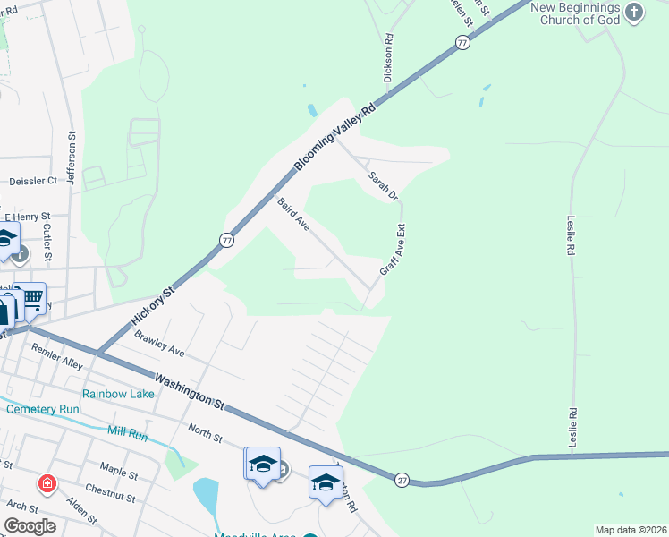 map of restaurants, bars, coffee shops, grocery stores, and more near 20674-20798 Baird Ave in Meadville
