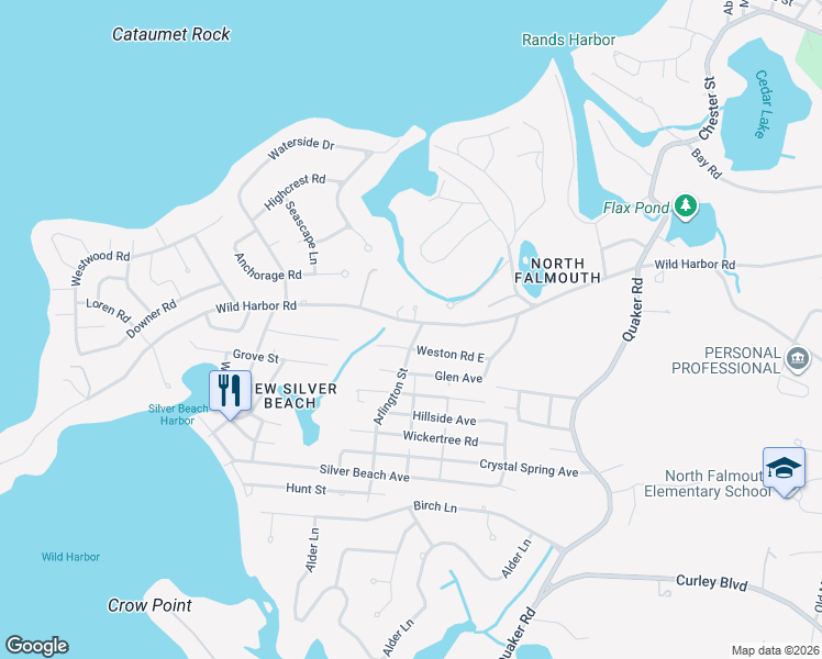 map of restaurants, bars, coffee shops, grocery stores, and more near 256 Wild Harbor Road in Falmouth