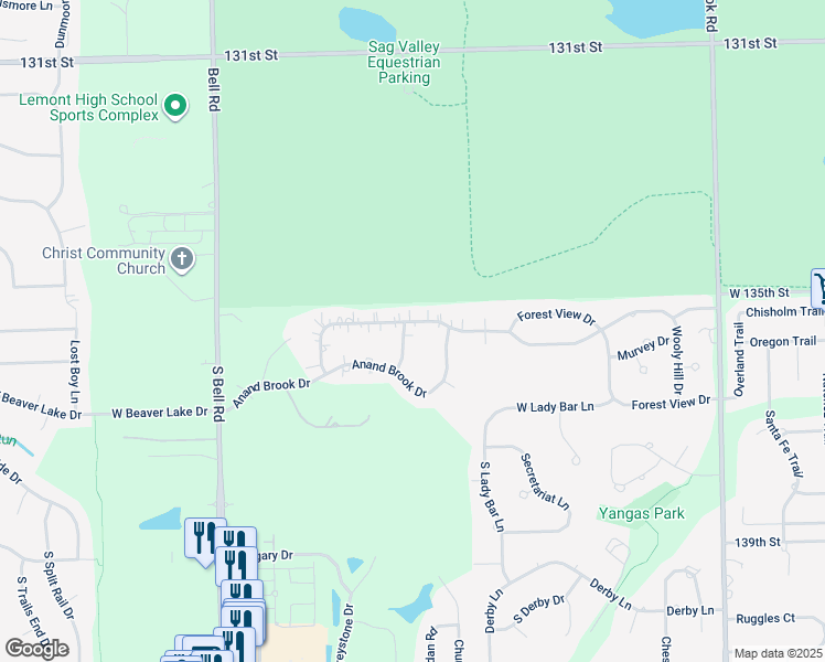 map of restaurants, bars, coffee shops, grocery stores, and more near 13529 Turnberry Lane in Orland Park