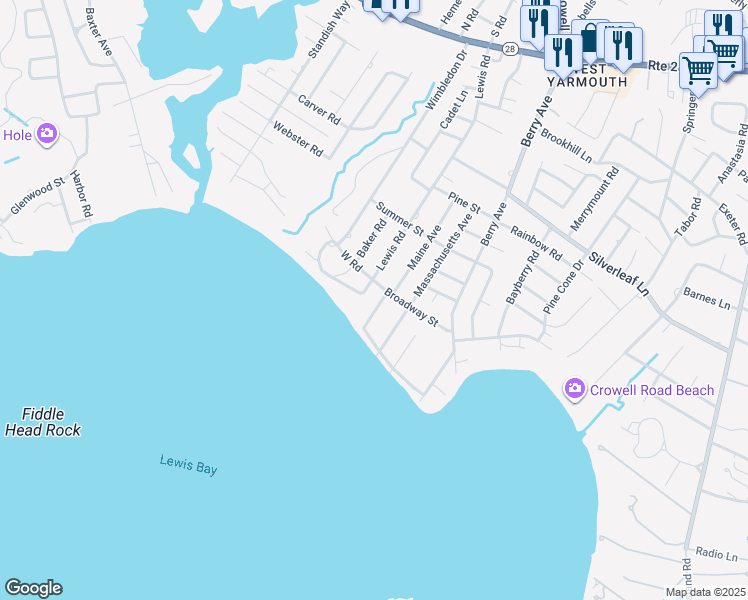 map of restaurants, bars, coffee shops, grocery stores, and more near 15 Hedge Row in Yarmouth