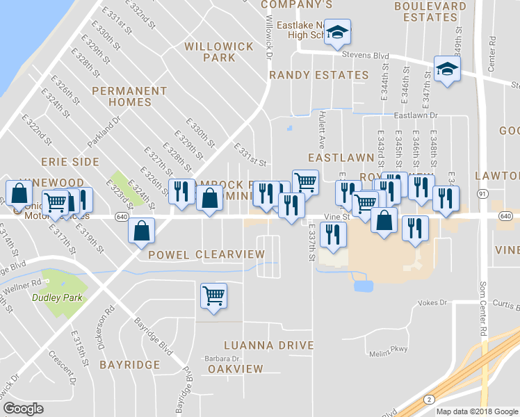 map of restaurants, bars, coffee shops, grocery stores, and more near 33317 Vine Street in Willowick