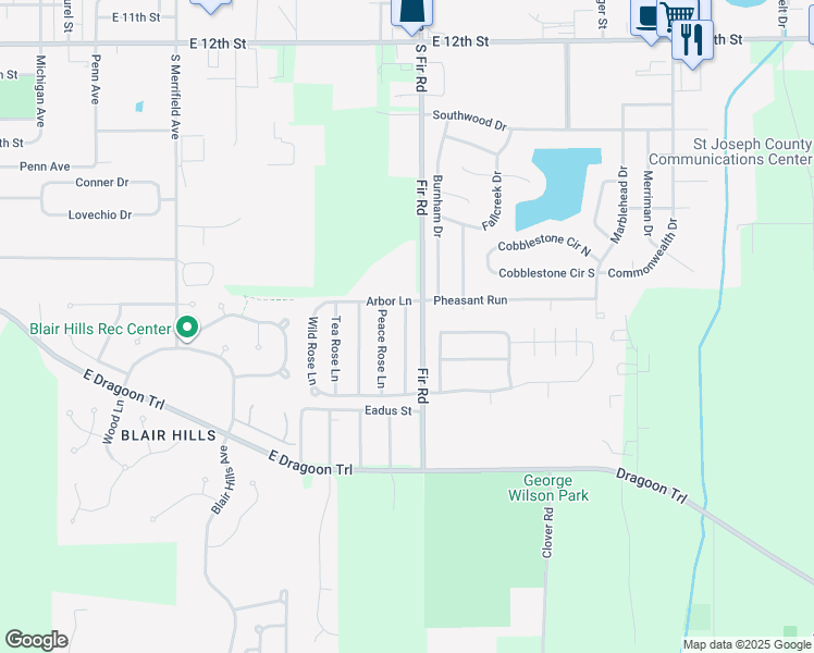 map of restaurants, bars, coffee shops, grocery stores, and more near 1819 Miniature Rose Lane in Mishawaka