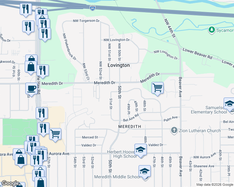 map of restaurants, bars, coffee shops, grocery stores, and more near 4556 50th Street in Des Moines