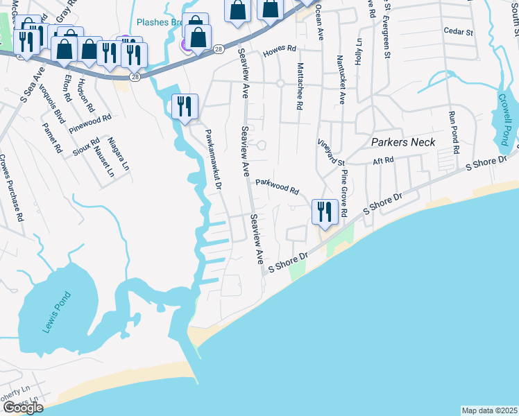 map of restaurants, bars, coffee shops, grocery stores, and more near 144A Seaview Avenue in Yarmouth