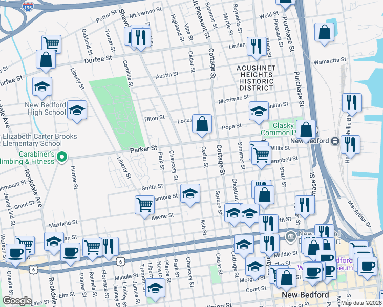 map of restaurants, bars, coffee shops, grocery stores, and more near 253 Cedar Street in New Bedford
