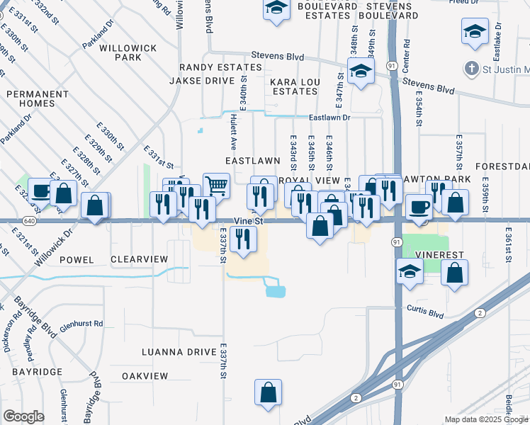 map of restaurants, bars, coffee shops, grocery stores, and more near 34011 Vine Street in Eastlake