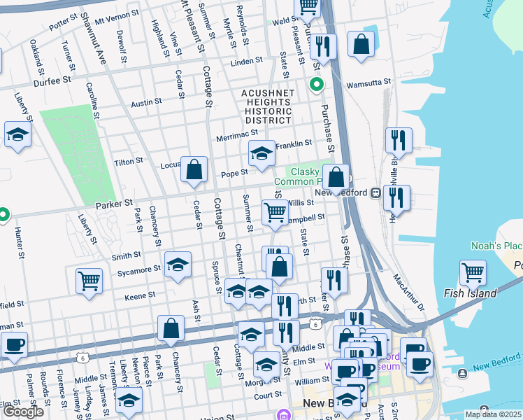 map of restaurants, bars, coffee shops, grocery stores, and more near 68 Willis Street in New Bedford