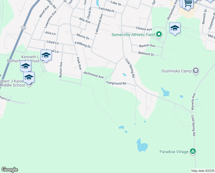 map of restaurants, bars, coffee shops, grocery stores, and more near 56 Fairground Road in Monticello