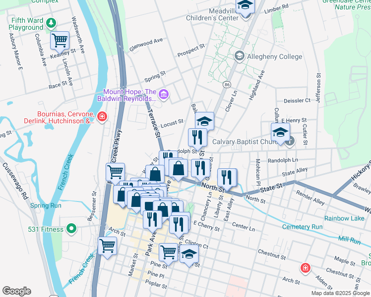 map of restaurants, bars, coffee shops, grocery stores, and more near 741 North Cottage Street in Meadville