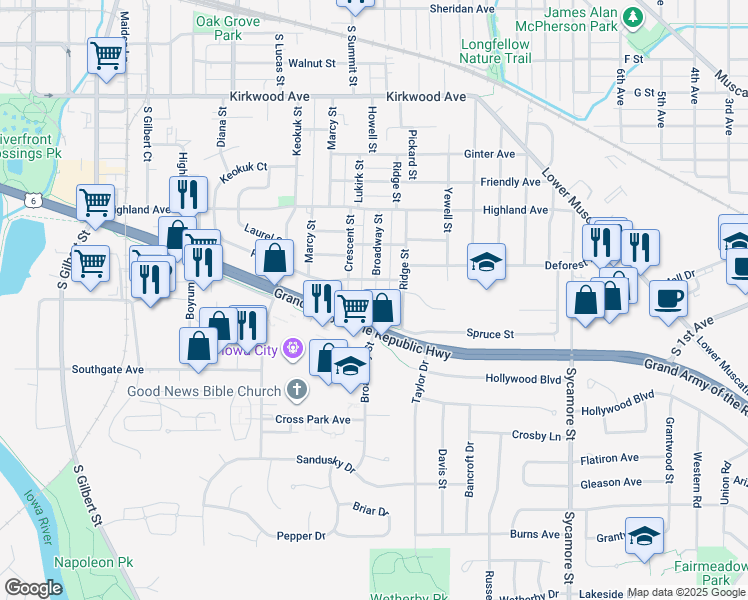 map of restaurants, bars, coffee shops, grocery stores, and more near 1604 Broadway Street in Iowa City
