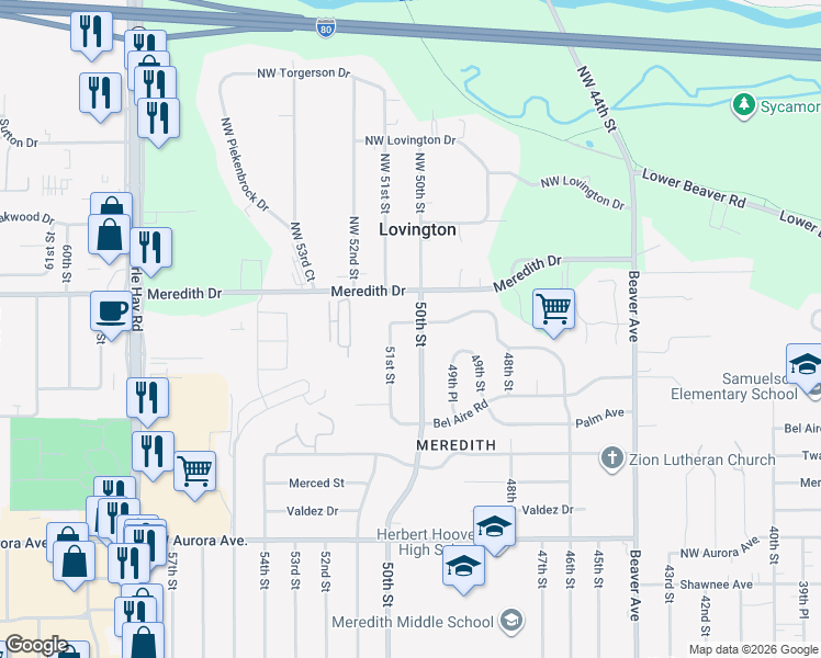 map of restaurants, bars, coffee shops, grocery stores, and more near 4556 50th Street in Des Moines