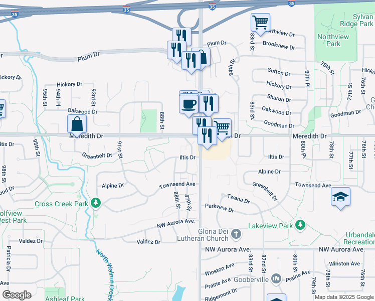 map of restaurants, bars, coffee shops, grocery stores, and more near 8704 Meredith Drive in Urbandale